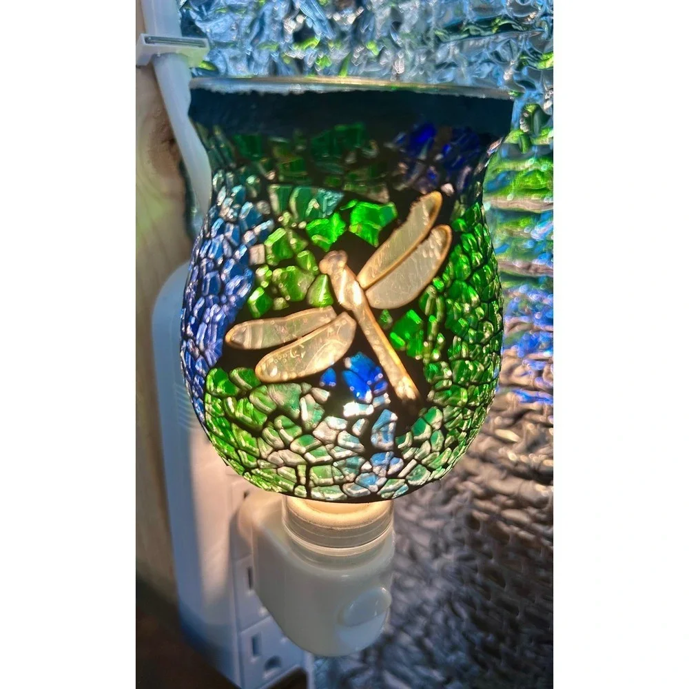 Mosaic Glass Dragonfly Wax Warmer Night Light Green Blue Stained Glass Plug In
